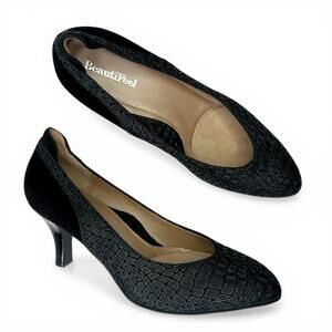 Beautifeel Women's Croc Almond Toe Pumps Heels Size EU 39 US 8-8.5 Black Suede